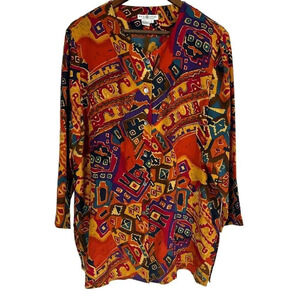 Real Clothes Saks Fifth Avenue Womens Silk Top Size Large Aztec Colorful Buttons